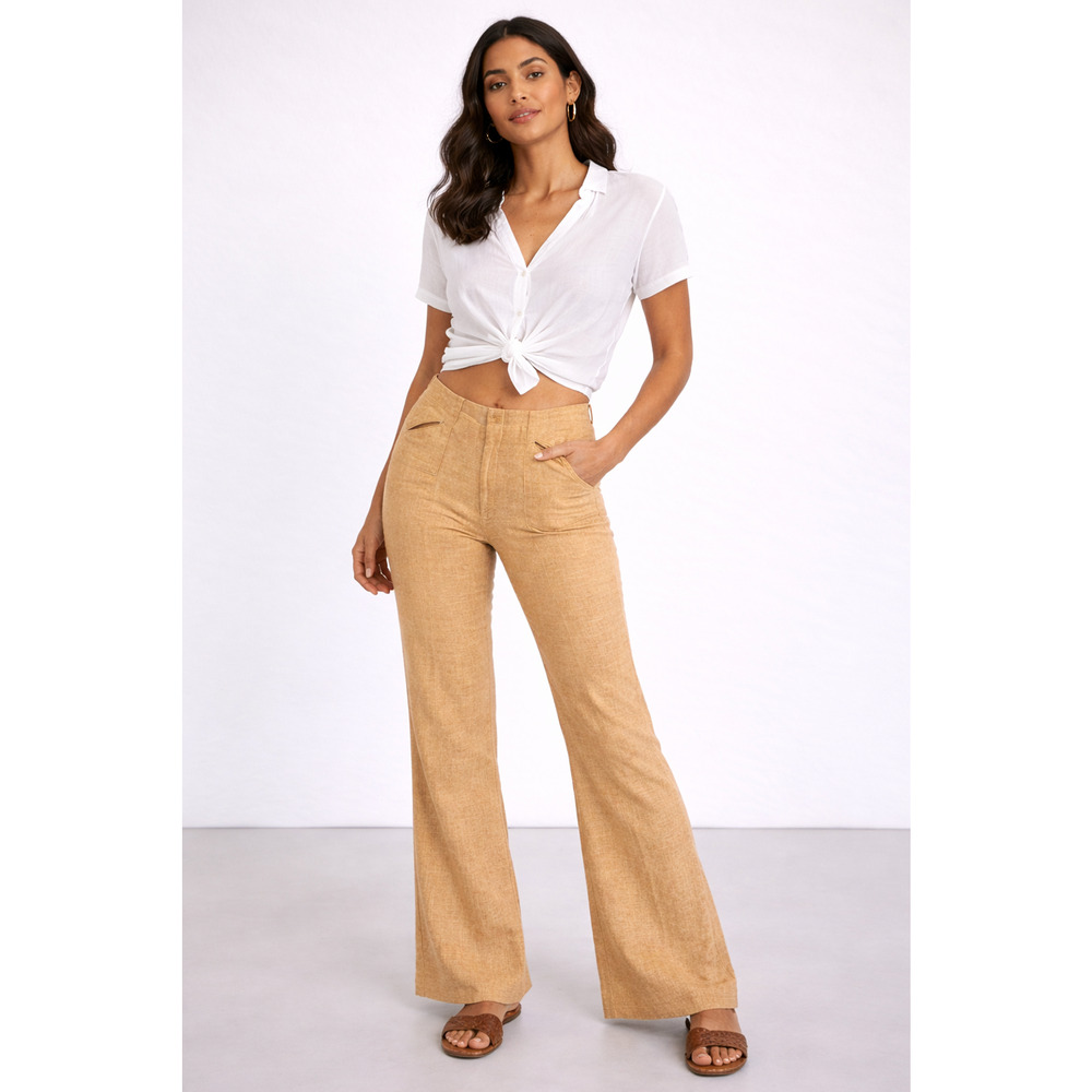 Vintage HIS For Her Linen Blend Flare Pants Straw Tan Mid Rise 70s Style 4 Est